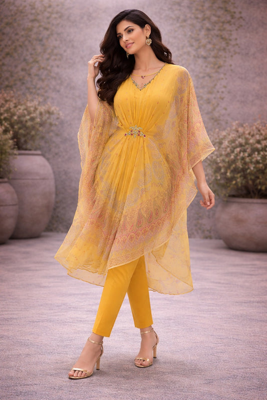 Elegant Mustard Yellow Printed Kaftan Kurta Set for Women