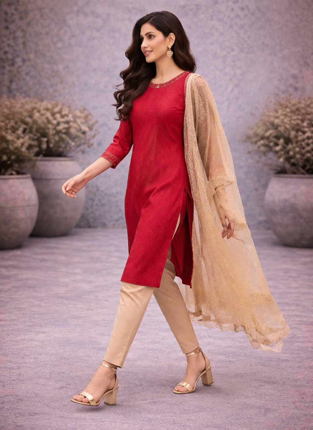 Elegant Red Straight Kurta Set with Beige Pants & Net Dupatta