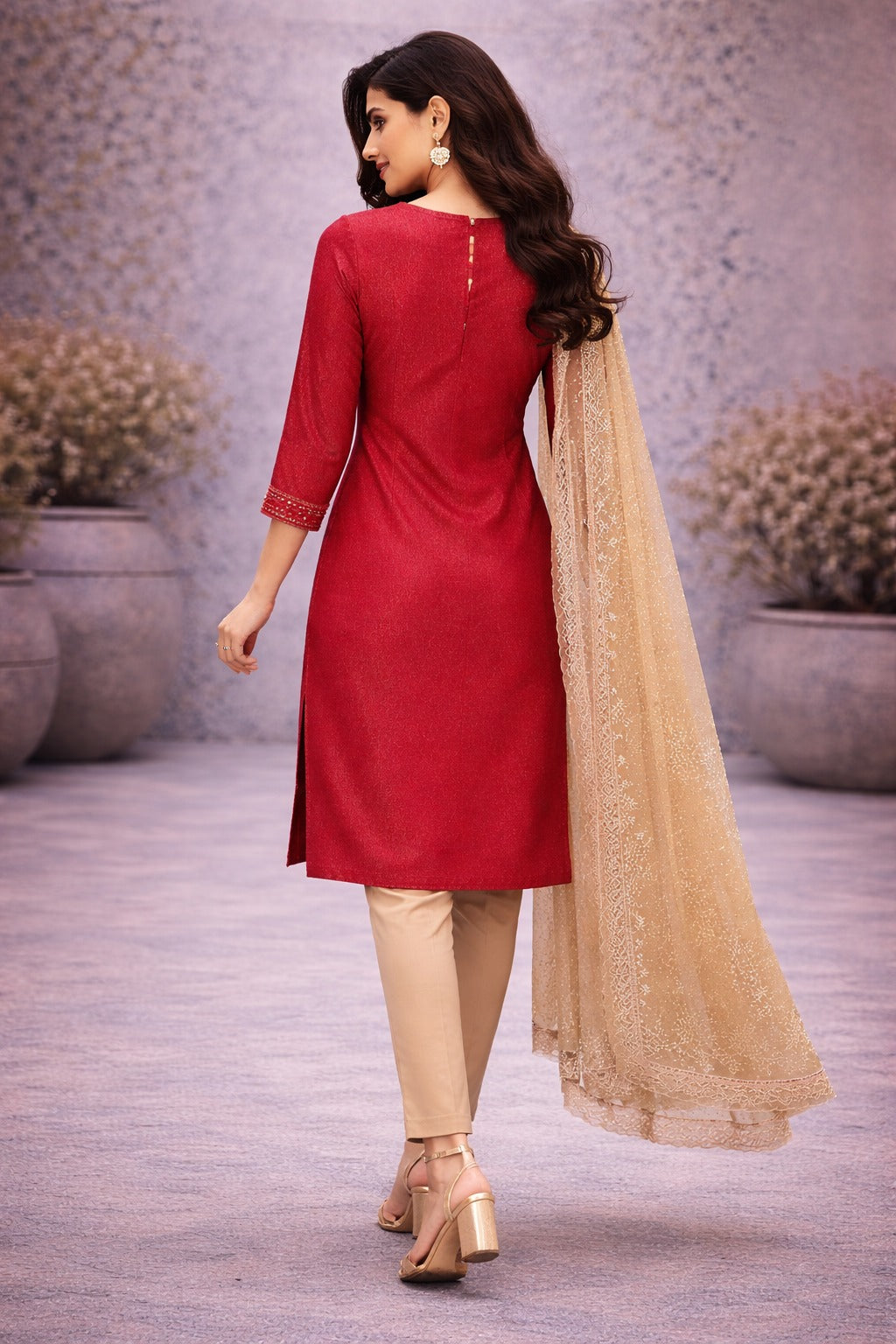 Elegant Red Straight Kurta Set with Beige Pants & Net Dupatta