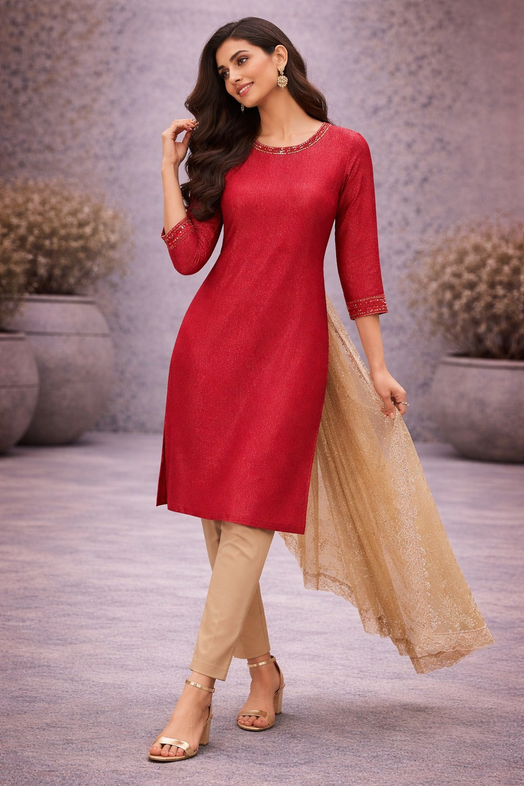 Elegant Red Straight Kurta Set with Beige Pants & Net Dupatta