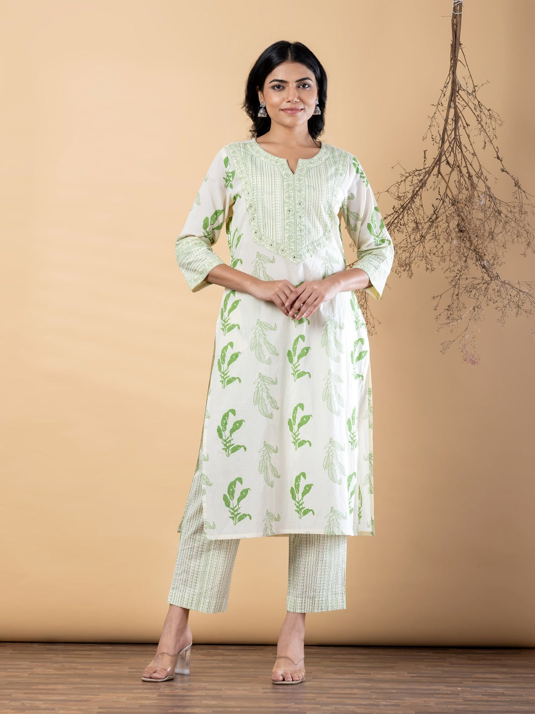 Women Printed Cotton Kurta Pant Set | Straight Kurta with 3/4 Sleeves & Ethnic Print | Off White & Green