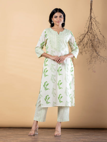 Women Printed Cotton Kurta Pant Set | Straight Kurta with 3/4 Sleeves & Ethnic Print | Off White & Green