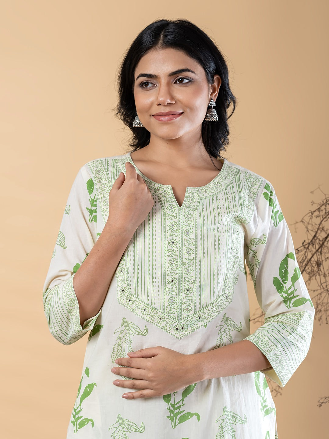 Women Printed Cotton Kurta Pant Set | Straight Kurta with 3/4 Sleeves & Ethnic Print | Off White & Green