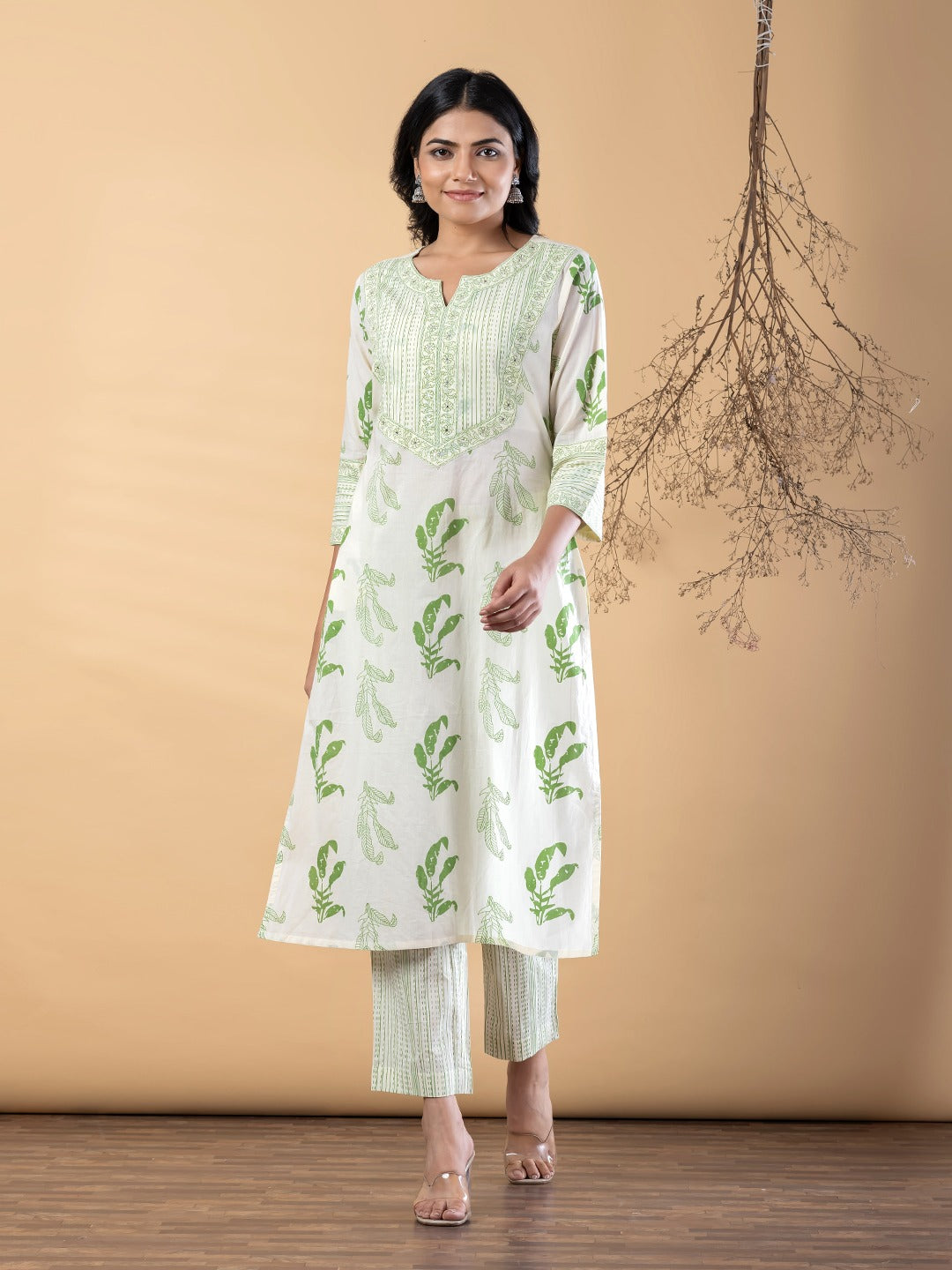 Women Printed Cotton Kurta Pant Set | Straight Kurta with 3/4 Sleeves & Ethnic Print | Off White & Green
