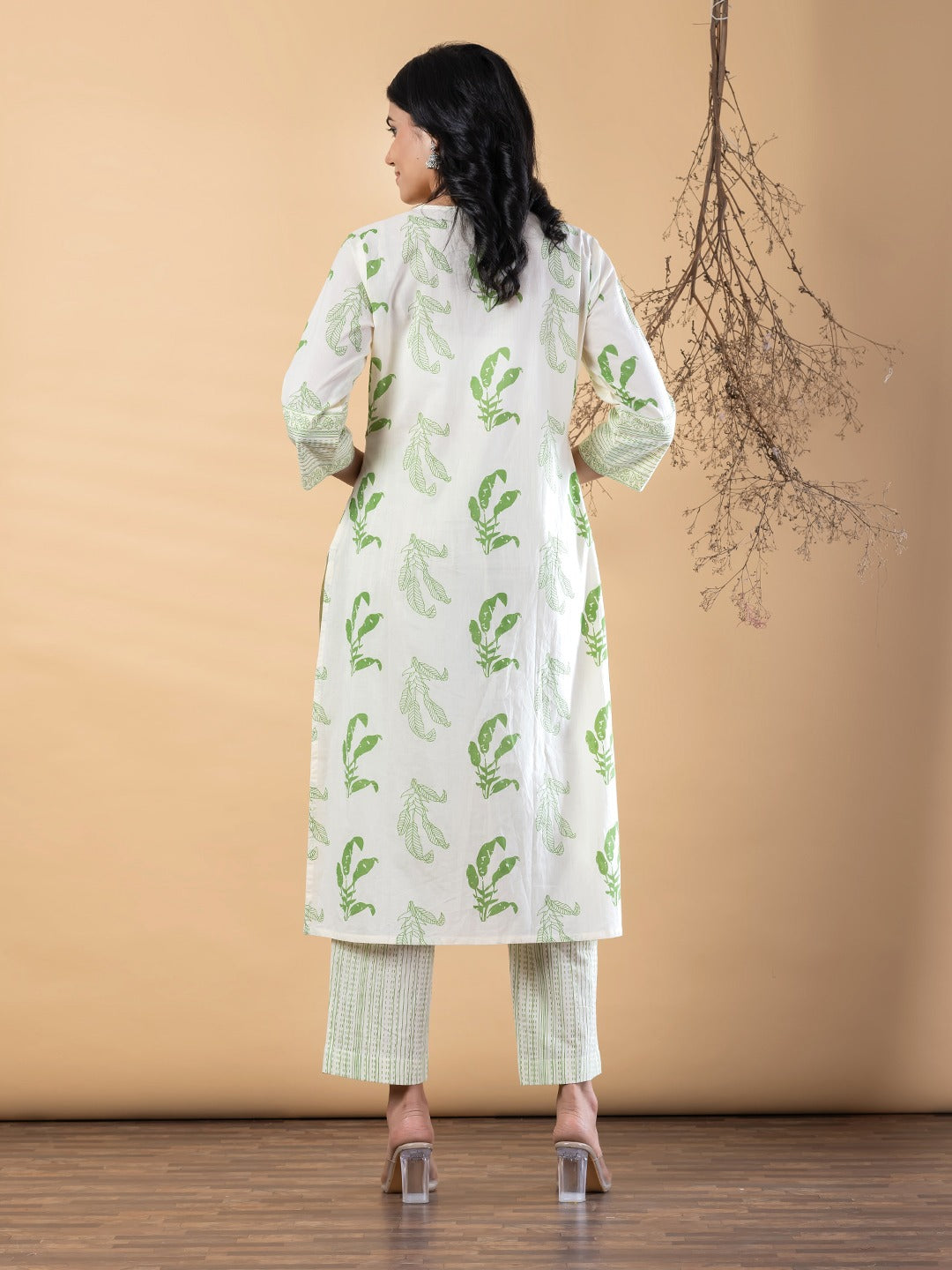 Women Printed Cotton Kurta Pant Set | Straight Kurta with 3/4 Sleeves & Ethnic Print | Off White & Green