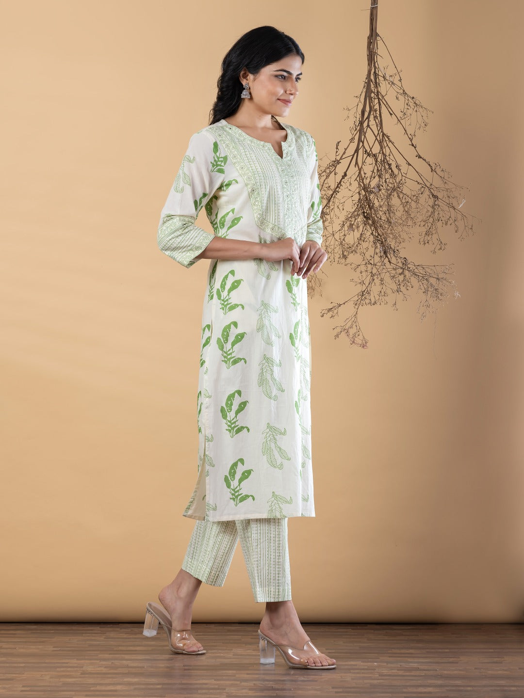 Women Printed Cotton Kurta Pant Set | Straight Kurta with 3/4 Sleeves & Ethnic Print | Off White & Green