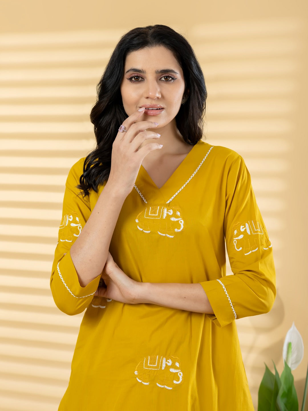 Women Yellow Printed Kurta with Pant Set | Straight Fit 3/4 Sleeve Ethnic Wear