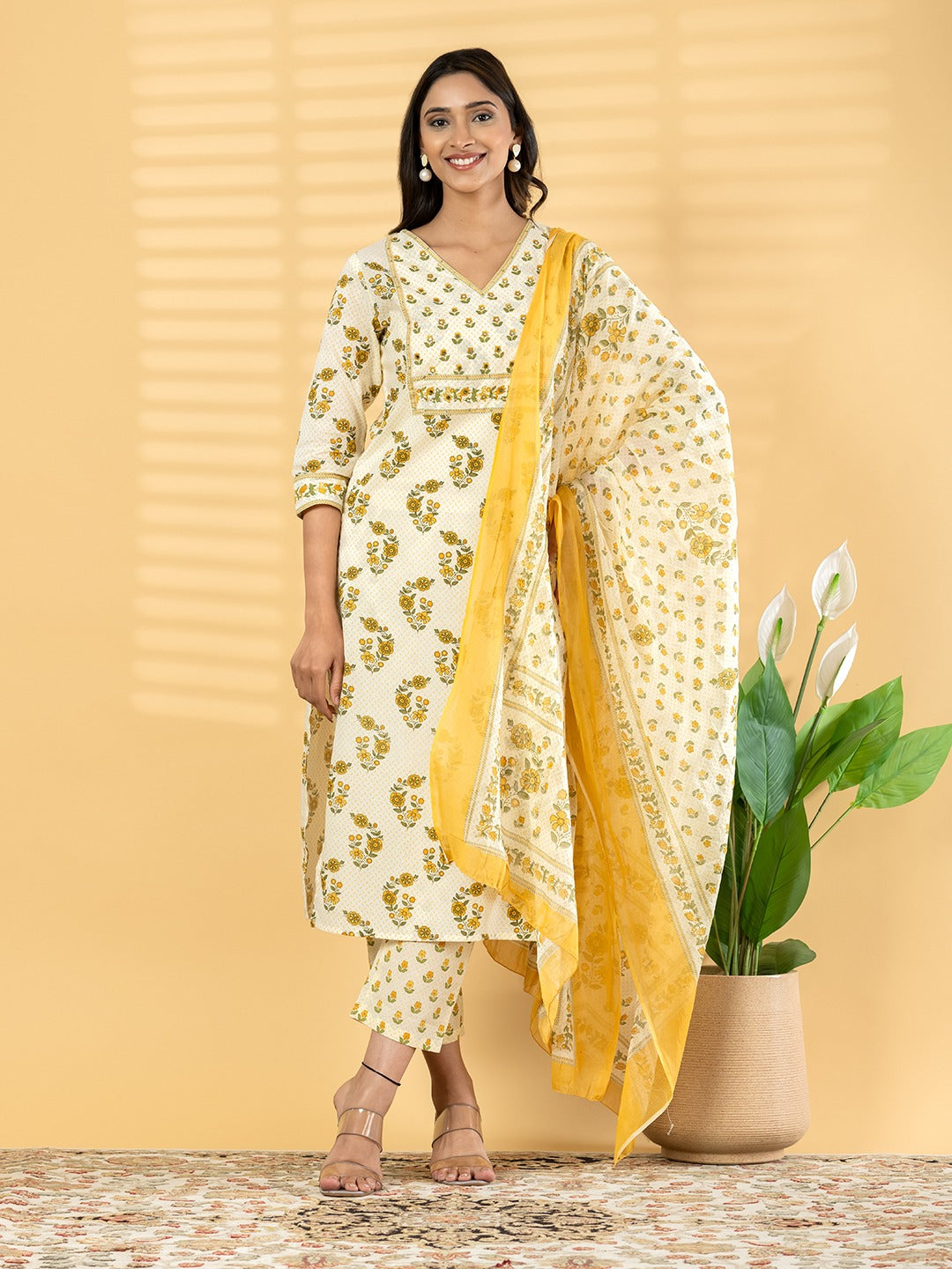 Women Floral Printed Cotton Kurta Pant Dupatta Set (Yellow & White)