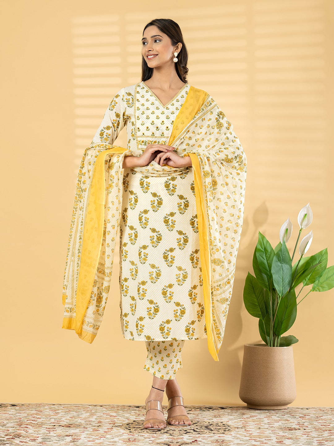Women Floral Printed Cotton Kurta Pant Dupatta Set (Yellow & White)