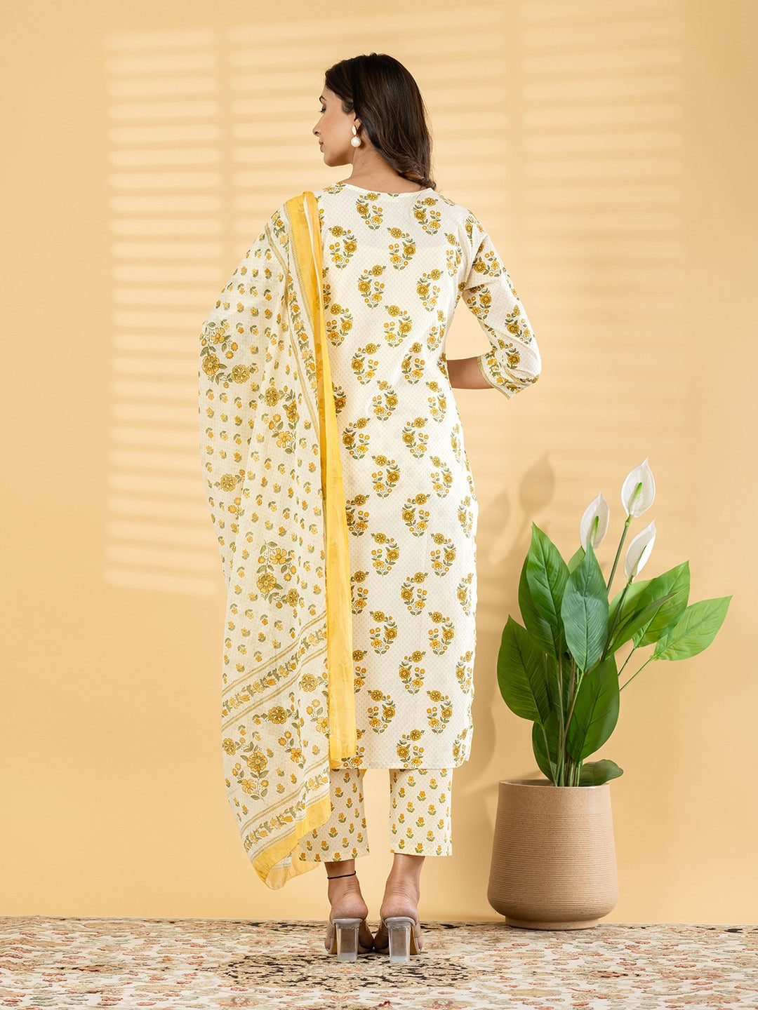 Women Floral Printed Cotton Kurta Pant Dupatta Set (Yellow & White)