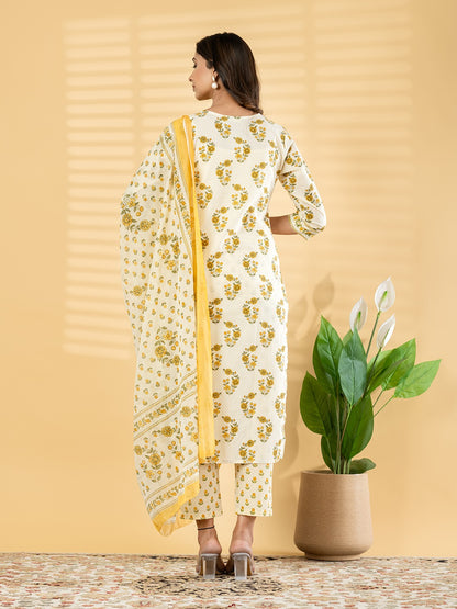 Women Floral Printed Cotton Kurta Pant Dupatta Set (Yellow & White)