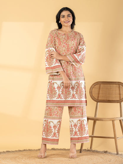 Women Printed Kurta & Pant Set | Ethnic Cotton Co-Ord Set | Straight Fit Kurti with Palazzo Pants
