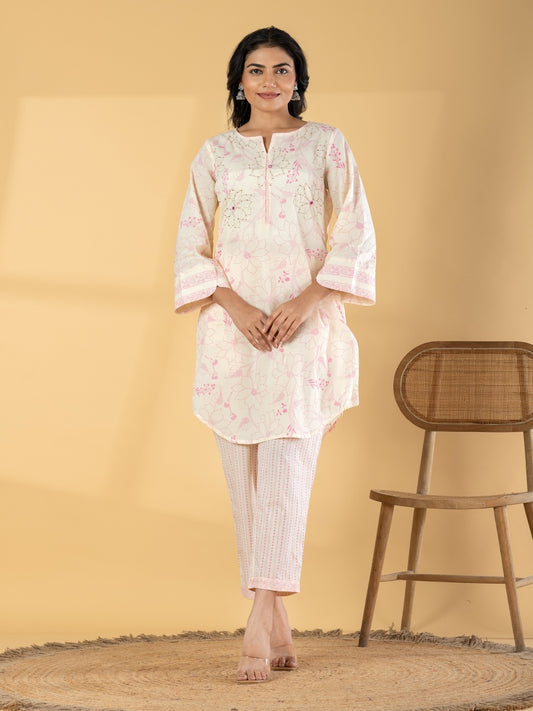 Women’s Beige Floral Printed Kurta Set with Straight Pants