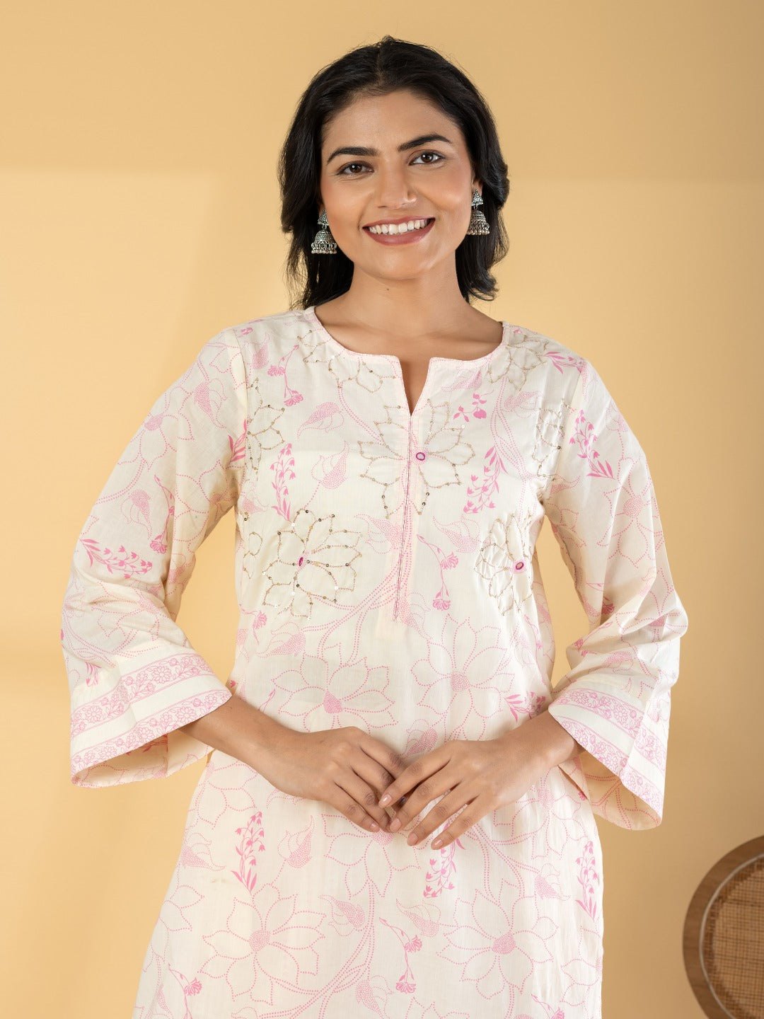Women’s Beige Floral Printed Kurta Set with Straight Pants