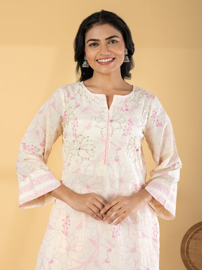 Women’s Beige Floral Printed Kurta Set with Straight Pants