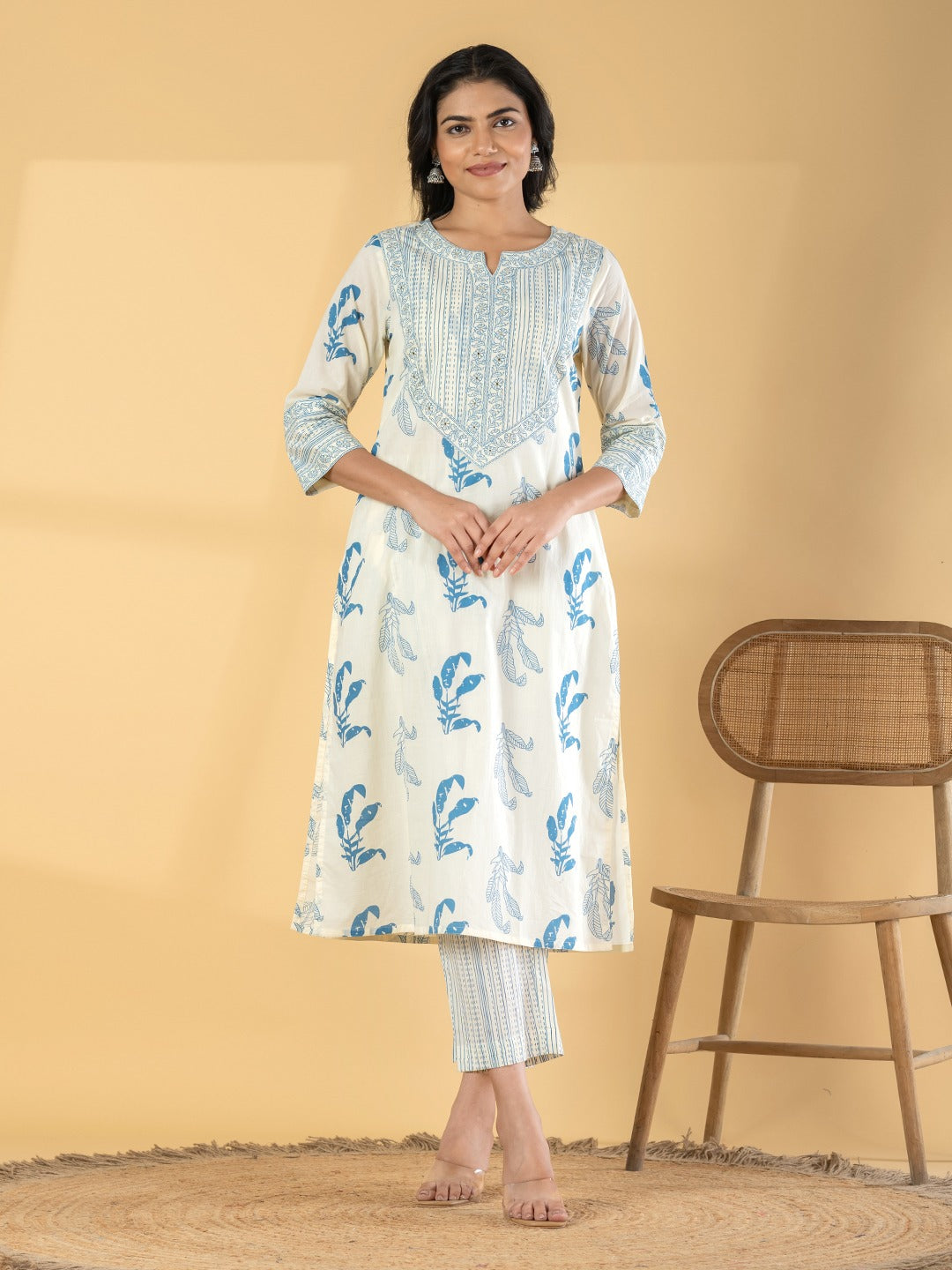 Women’s Cream & Blue Floral Printed Cotton Kurta Set with Pants