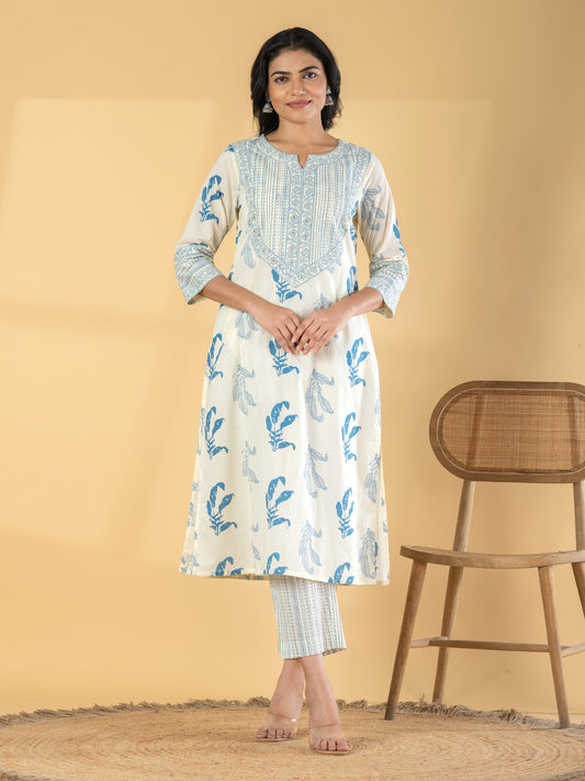Women’s Cream & Blue Floral Printed Cotton Kurta Set with Pants