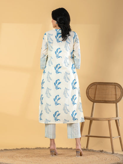 Women’s Cream & Blue Floral Printed Cotton Kurta Set with Pants