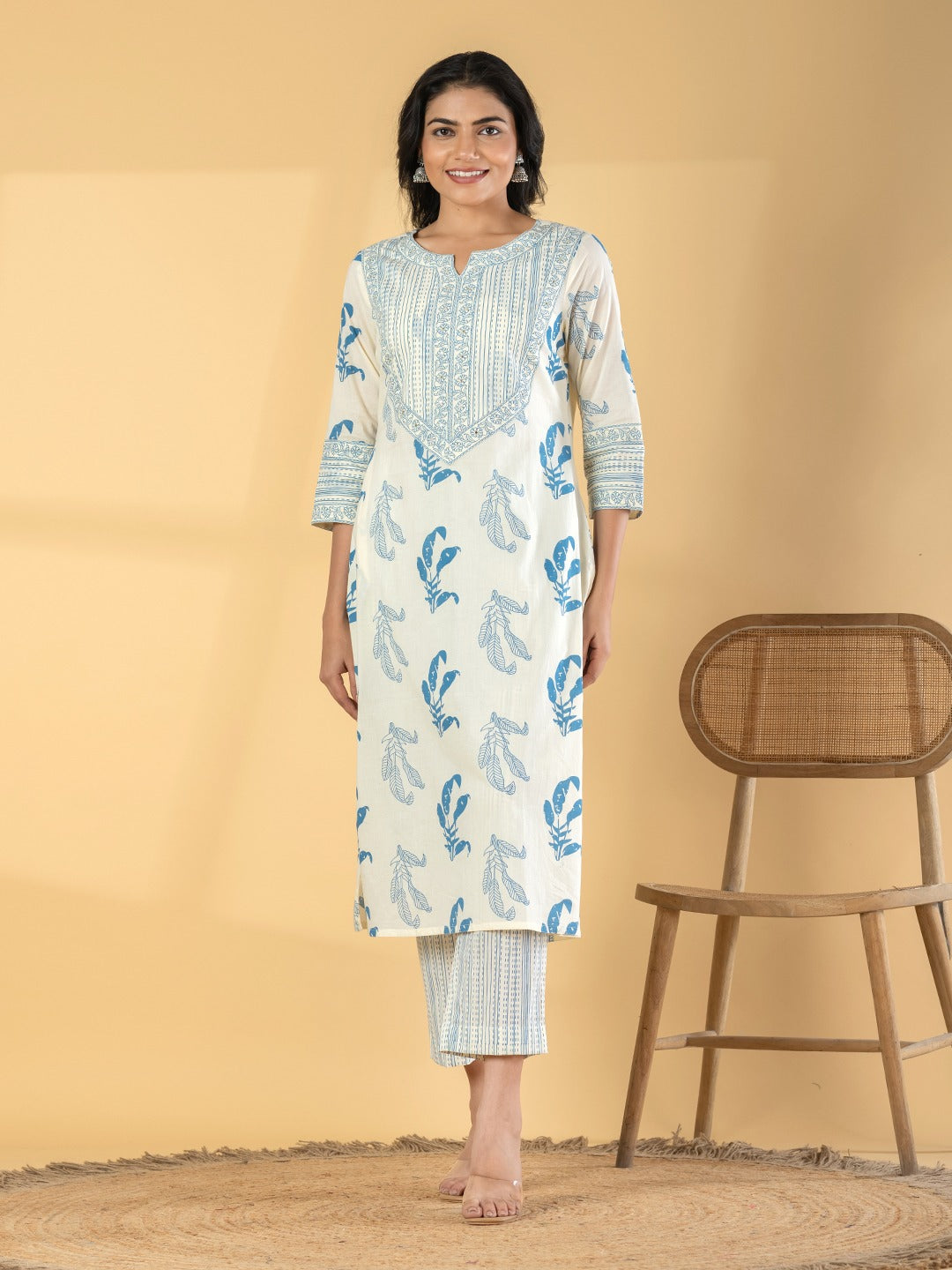 Women’s Cream & Blue Floral Printed Cotton Kurta Set with Pants