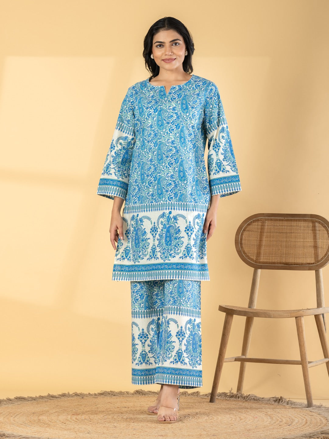 Blue Paisley Print Cotton Kurta Set for Women