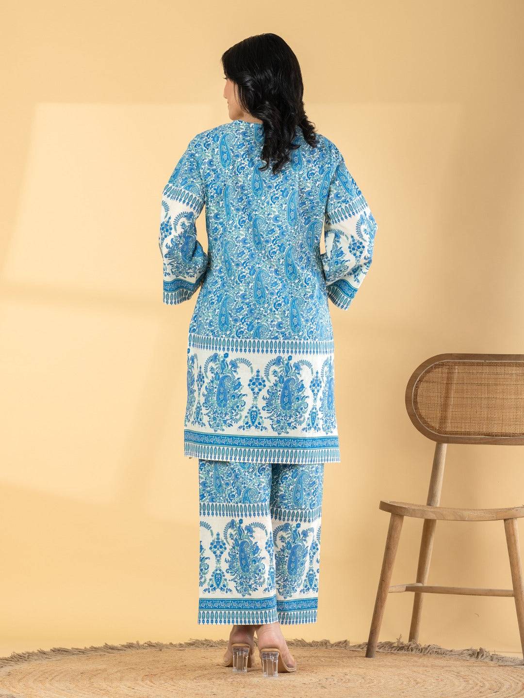 Blue Paisley Print Cotton Kurta Set for Women