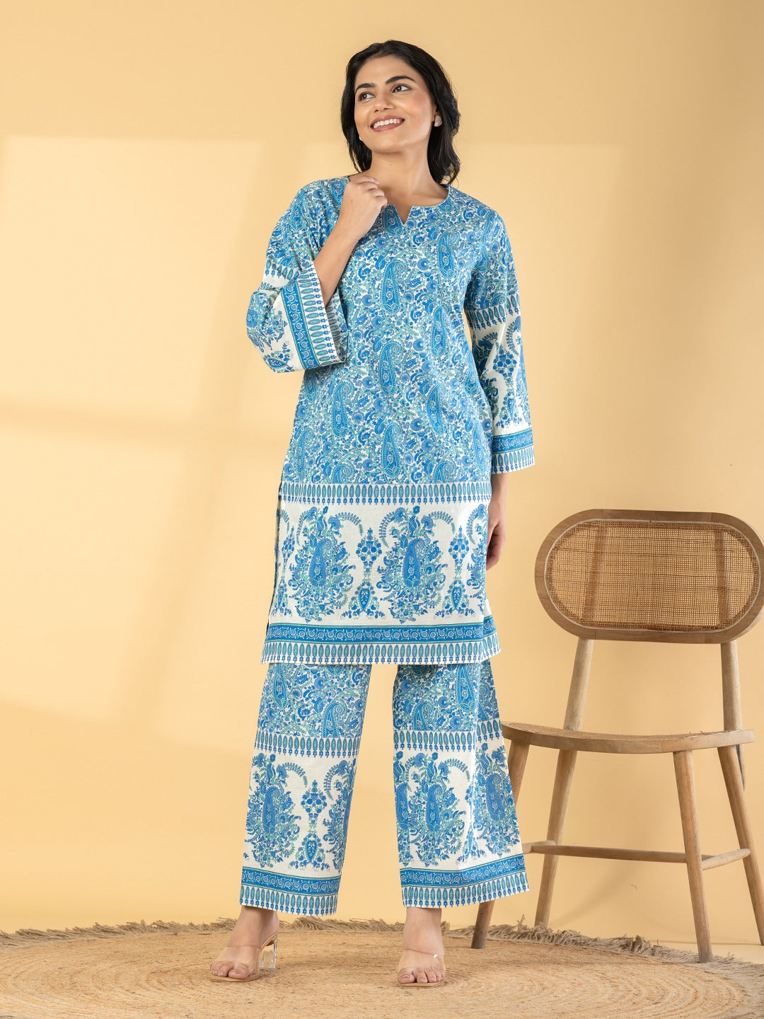 Blue Paisley Print Cotton Kurta Set for Women