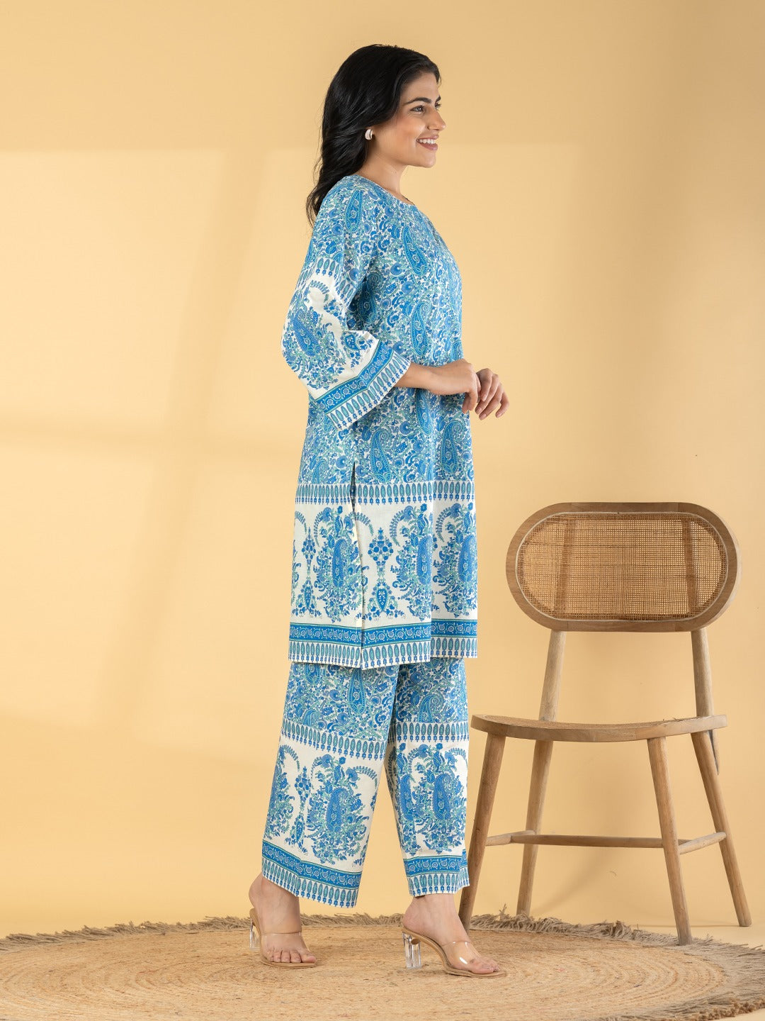 Blue Paisley Print Cotton Kurta Set for Women