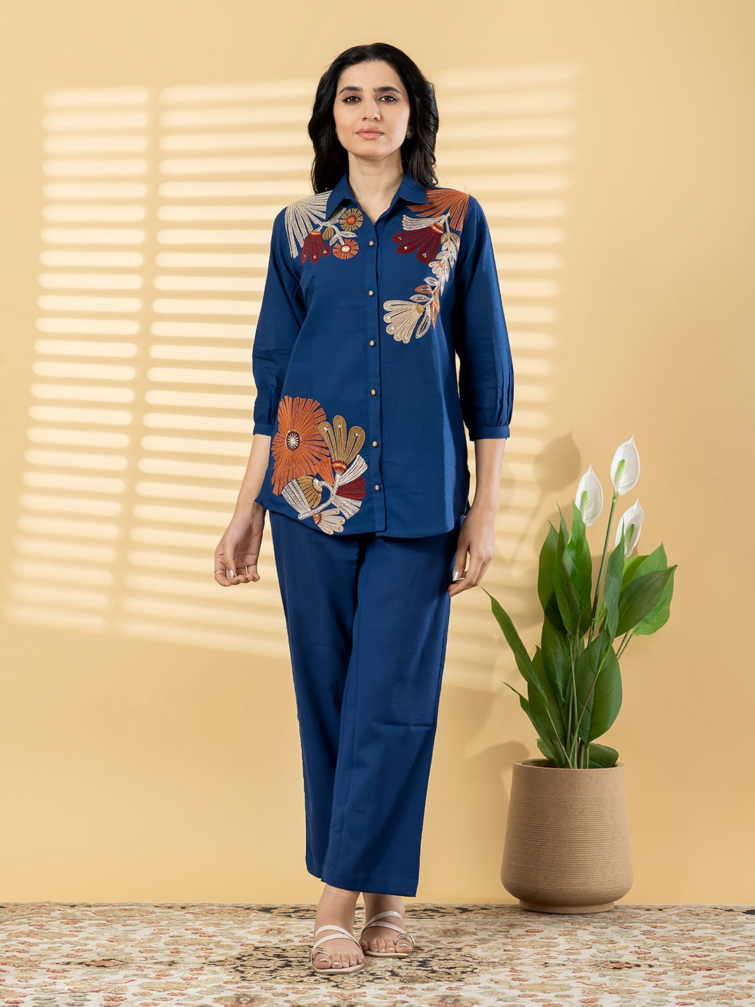 Women’s Navy Blue Embroidered Co-Ord Set | Floral Shirt & Straight Pants | Elegant Casual Wear