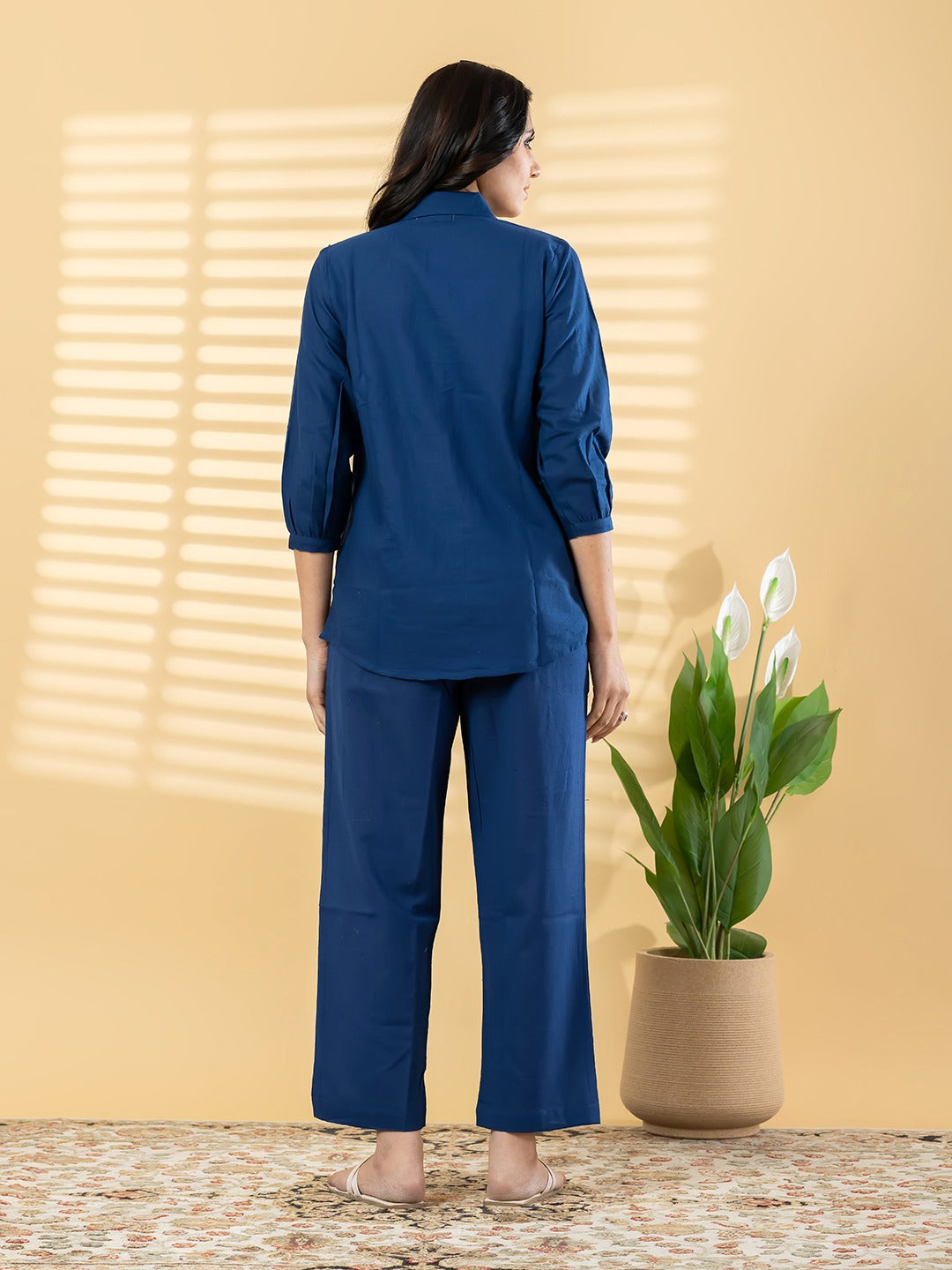 Women’s Navy Blue Embroidered Co-Ord Set | Floral Shirt & Straight Pants | Elegant Casual Wear