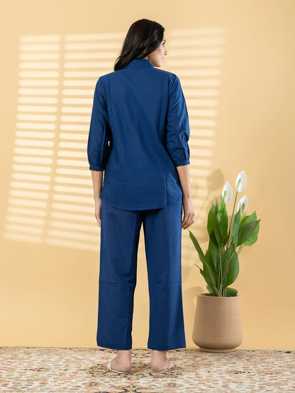 Women’s Navy Blue Embroidered Co-Ord Set | Floral Shirt & Straight Pants | Elegant Casual Wear