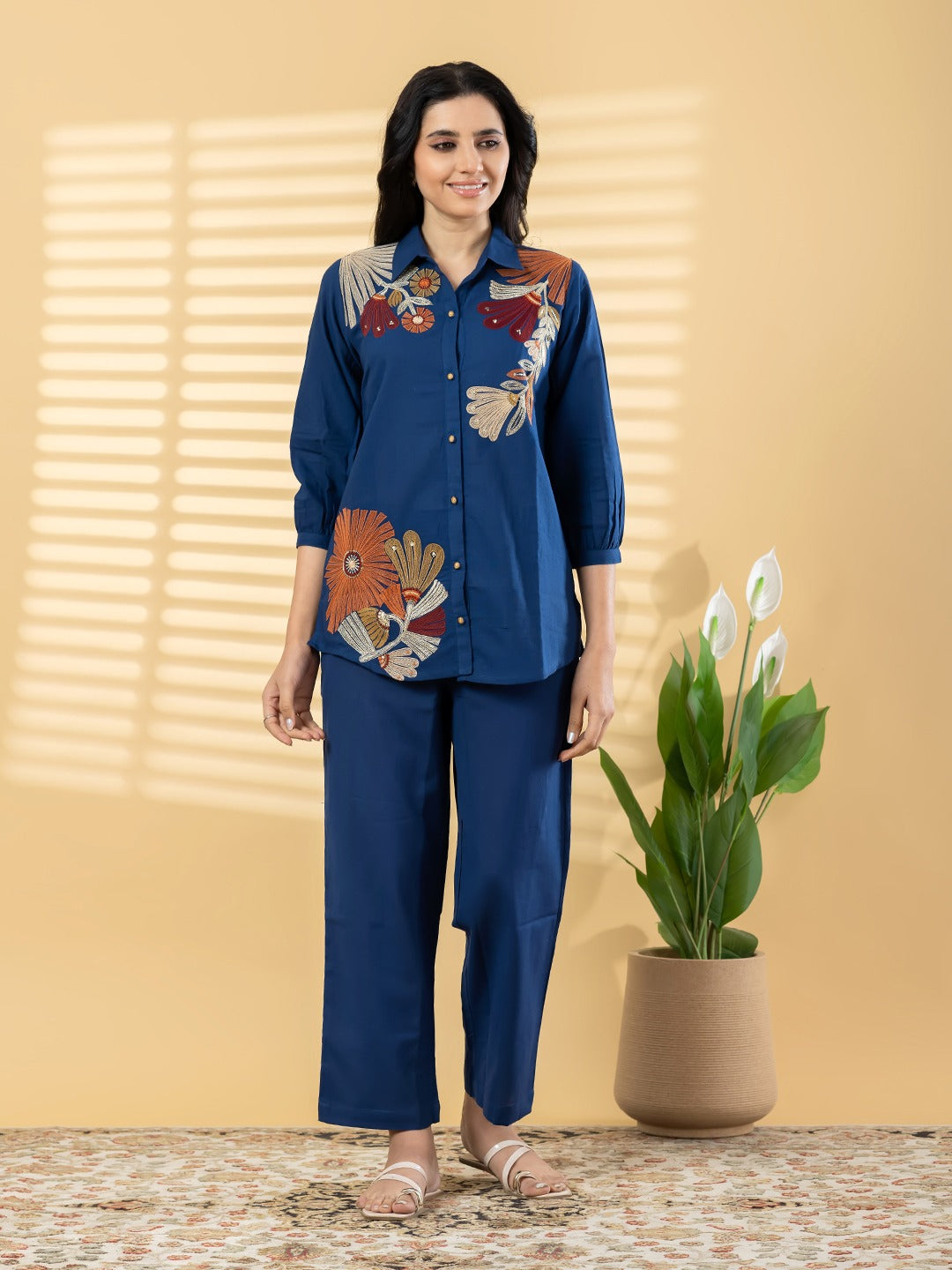 Women’s Navy Blue Embroidered Co-Ord Set | Floral Shirt & Straight Pants | Elegant Casual Wear