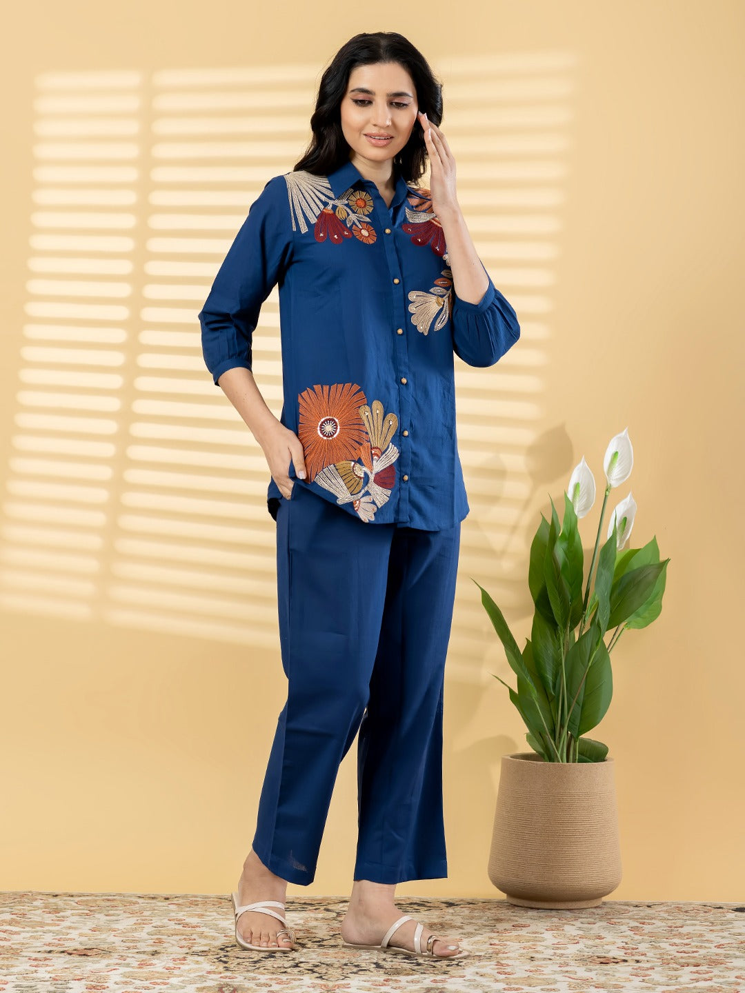 Women’s Navy Blue Embroidered Co-Ord Set | Floral Shirt & Straight Pants | Elegant Casual Wear