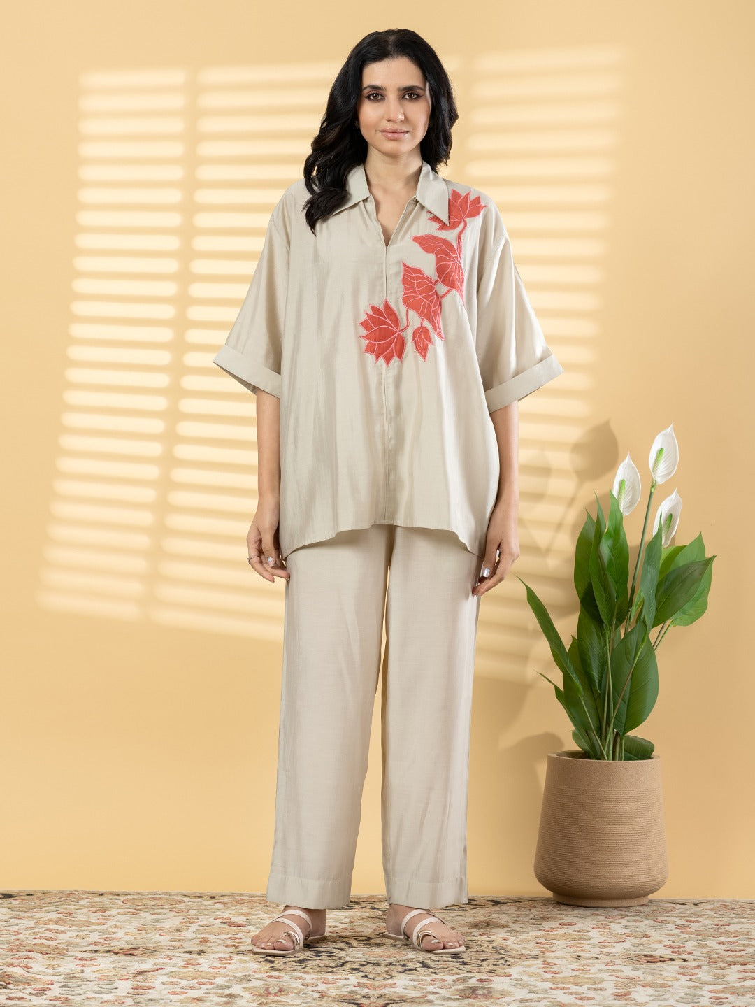 Beige Embroidered Co-Ord Set for Women | Casual Luxe Outfit