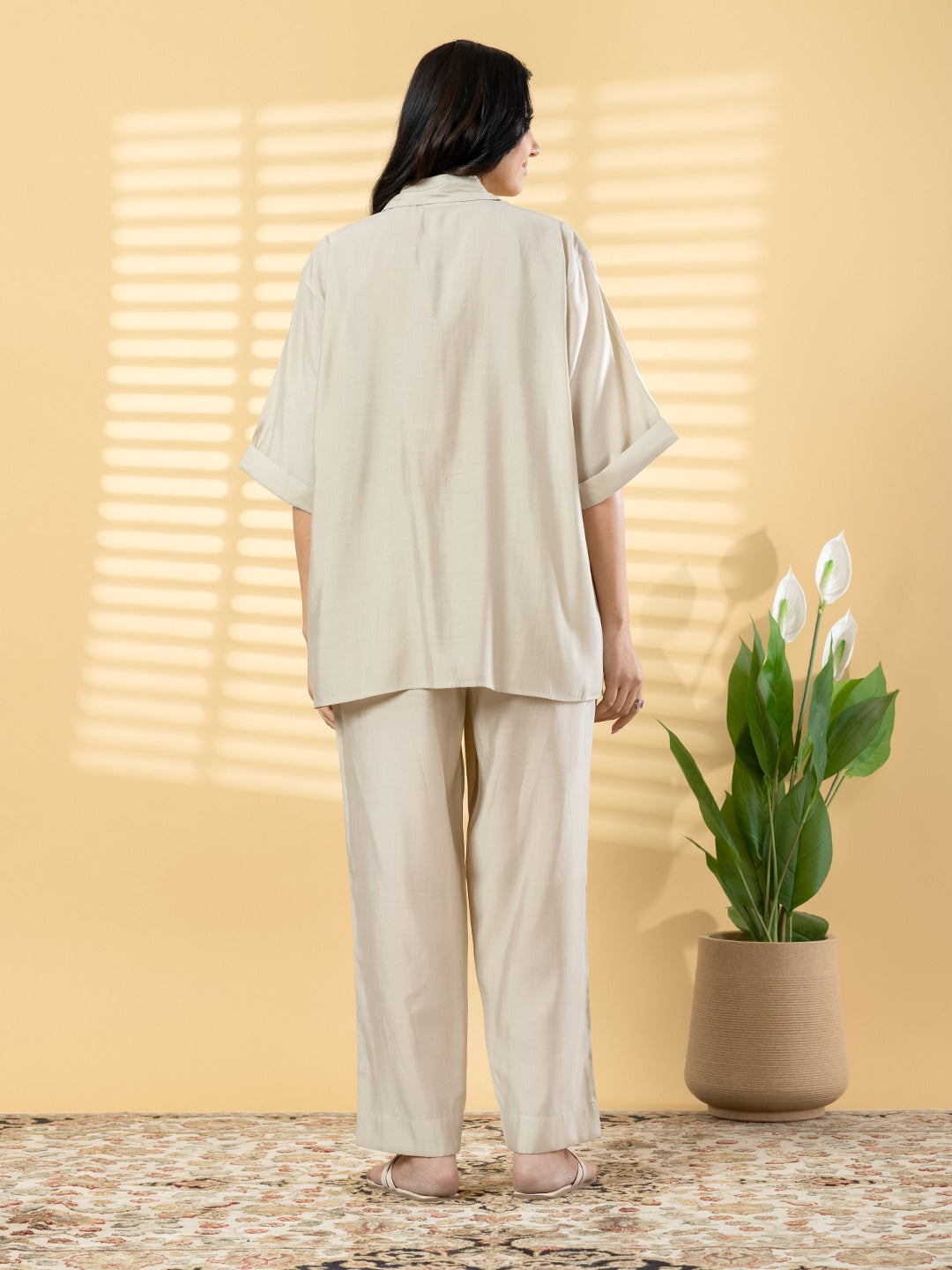 Beige Embroidered Co-Ord Set for Women | Casual Luxe Outfit