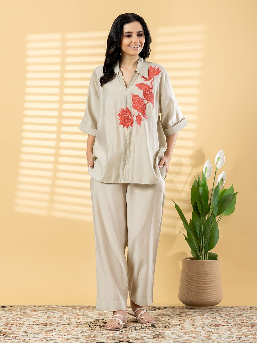 Beige Embroidered Co-Ord Set for Women | Casual Luxe Outfit