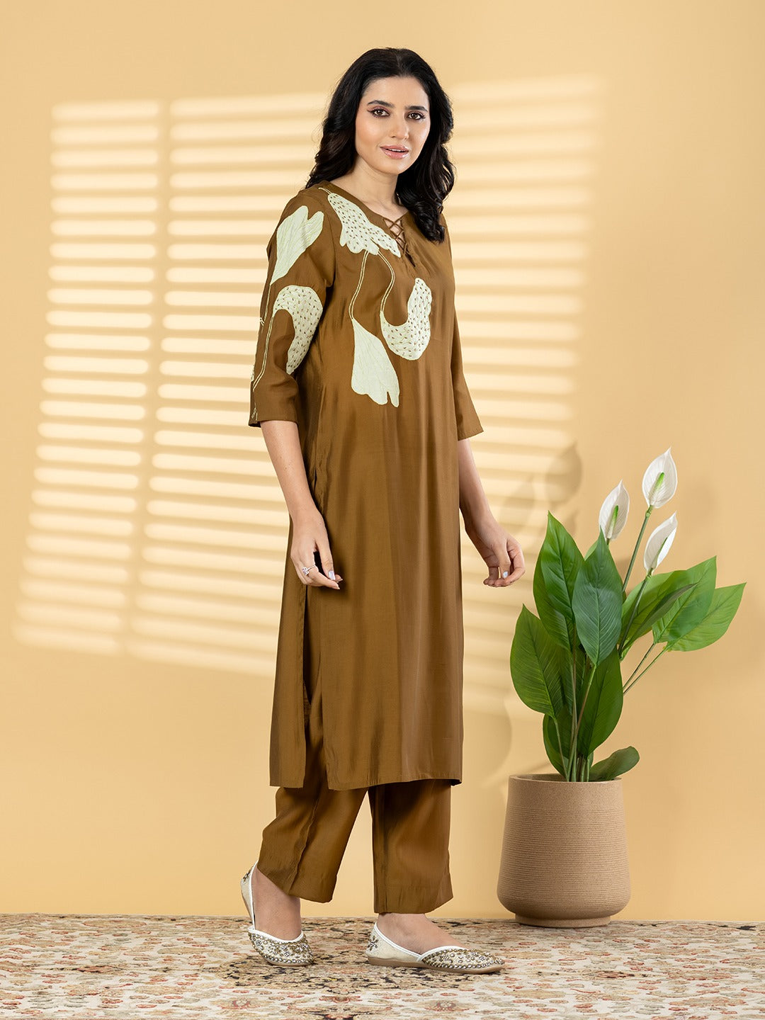Elegant Brown Printed Kurta Set with Straight Pants for Women
