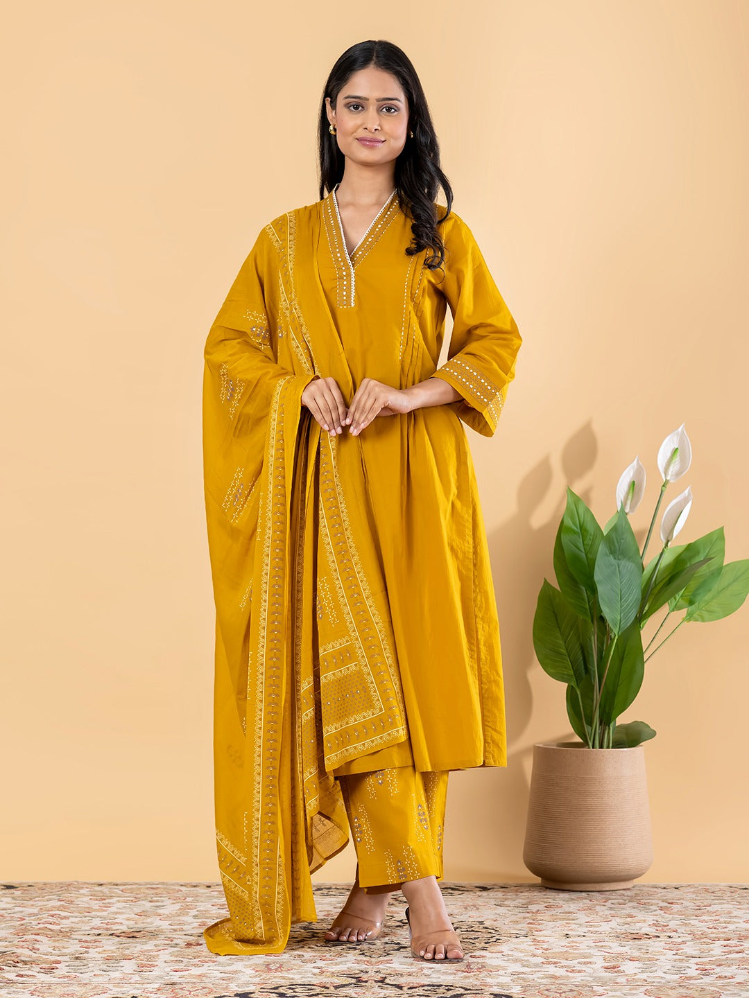 Mustard Yellow Embroidered Kurta Set with Dupatta for Women