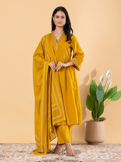 Mustard Yellow Embroidered Kurta Set with Dupatta for Women