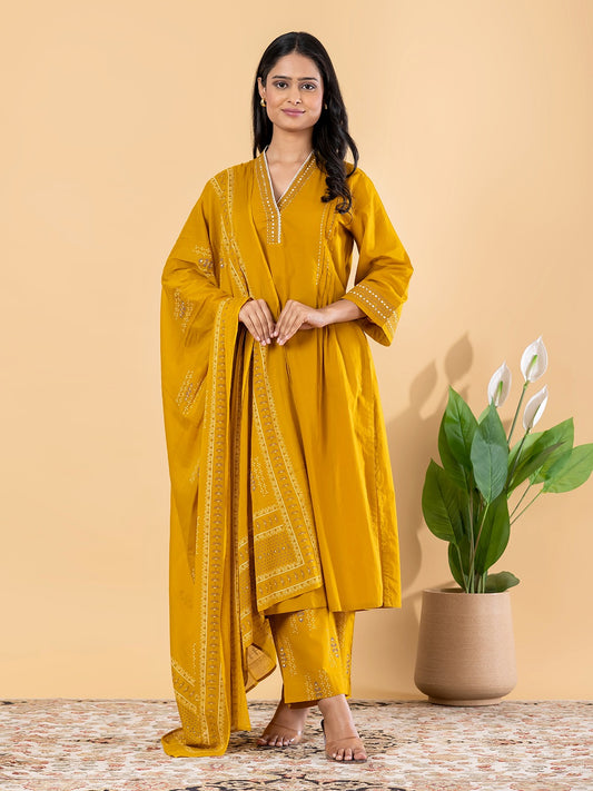 Mustard Yellow Embroidered Kurta Set with Dupatta for Women