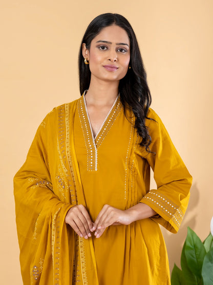 Mustard Yellow Embroidered Kurta Set with Dupatta for Women