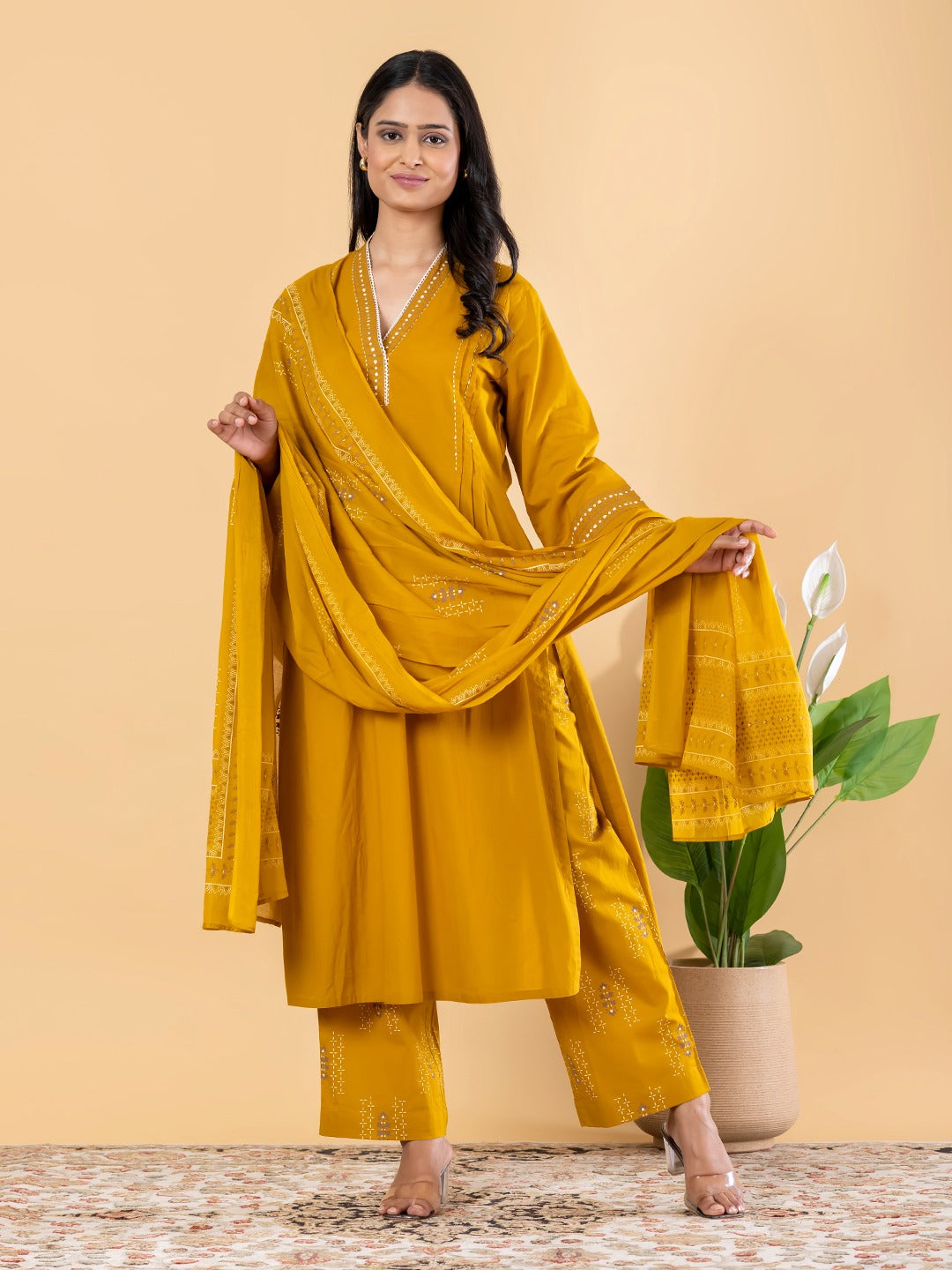 Mustard Yellow Embroidered Kurta Set with Dupatta for Women