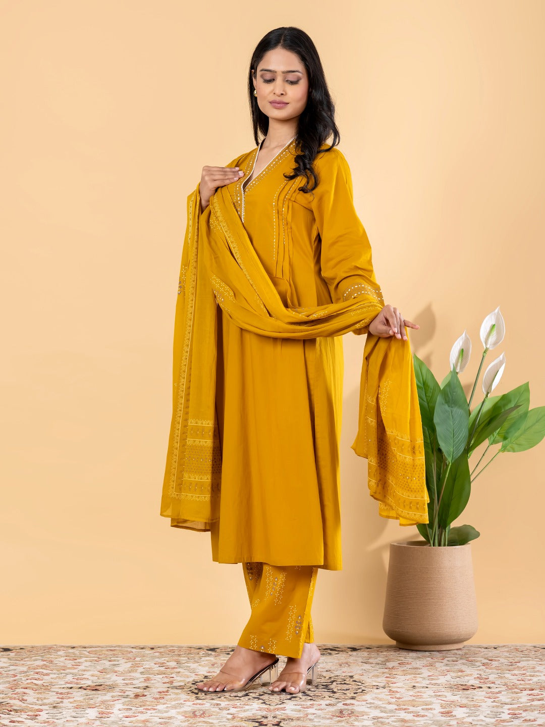 Mustard Yellow Embroidered Kurta Set with Dupatta for Women