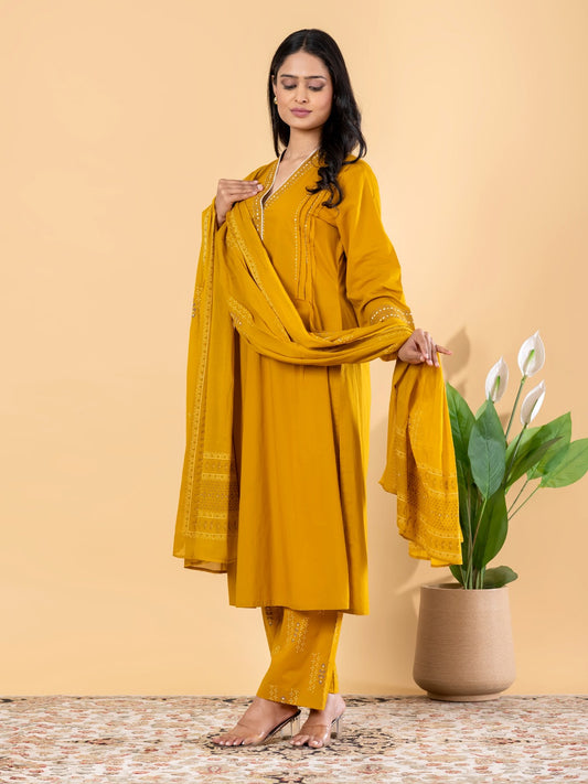 Mustard Yellow Embroidered Kurta Set with Dupatta for Women