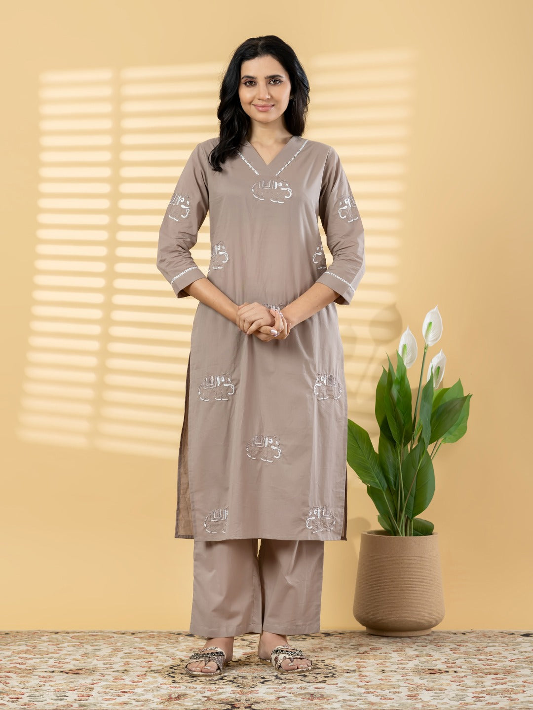 Women’s Taupe Cotton Kurta Set with Elephant Print – Straight Fit 2 Piece Ethnic Wear
