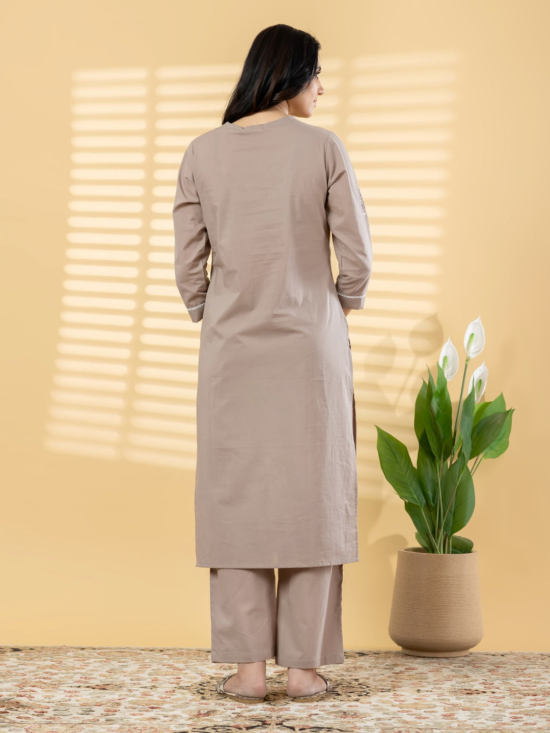 Women’s Taupe Cotton Kurta Set with Elephant Print – Straight Fit 2 Piece Ethnic Wear
