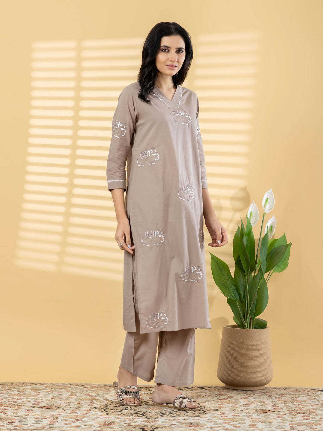 Women’s Taupe Cotton Kurta Set with Elephant Print – Straight Fit 2 Piece Ethnic Wear