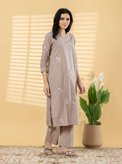 Women’s Taupe Cotton Kurta Set with Elephant Print – Straight Fit 2 Piece Ethnic Wear
