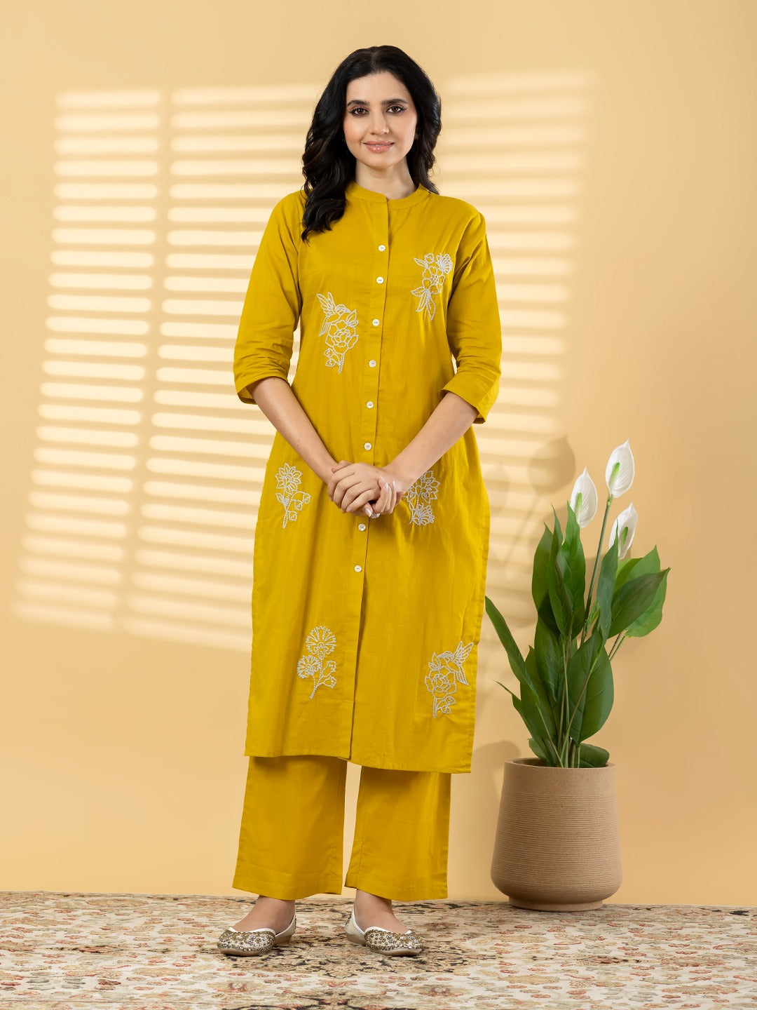 Mustard Yellow Embroidered Cotton Kurta Set with Pants for Women
