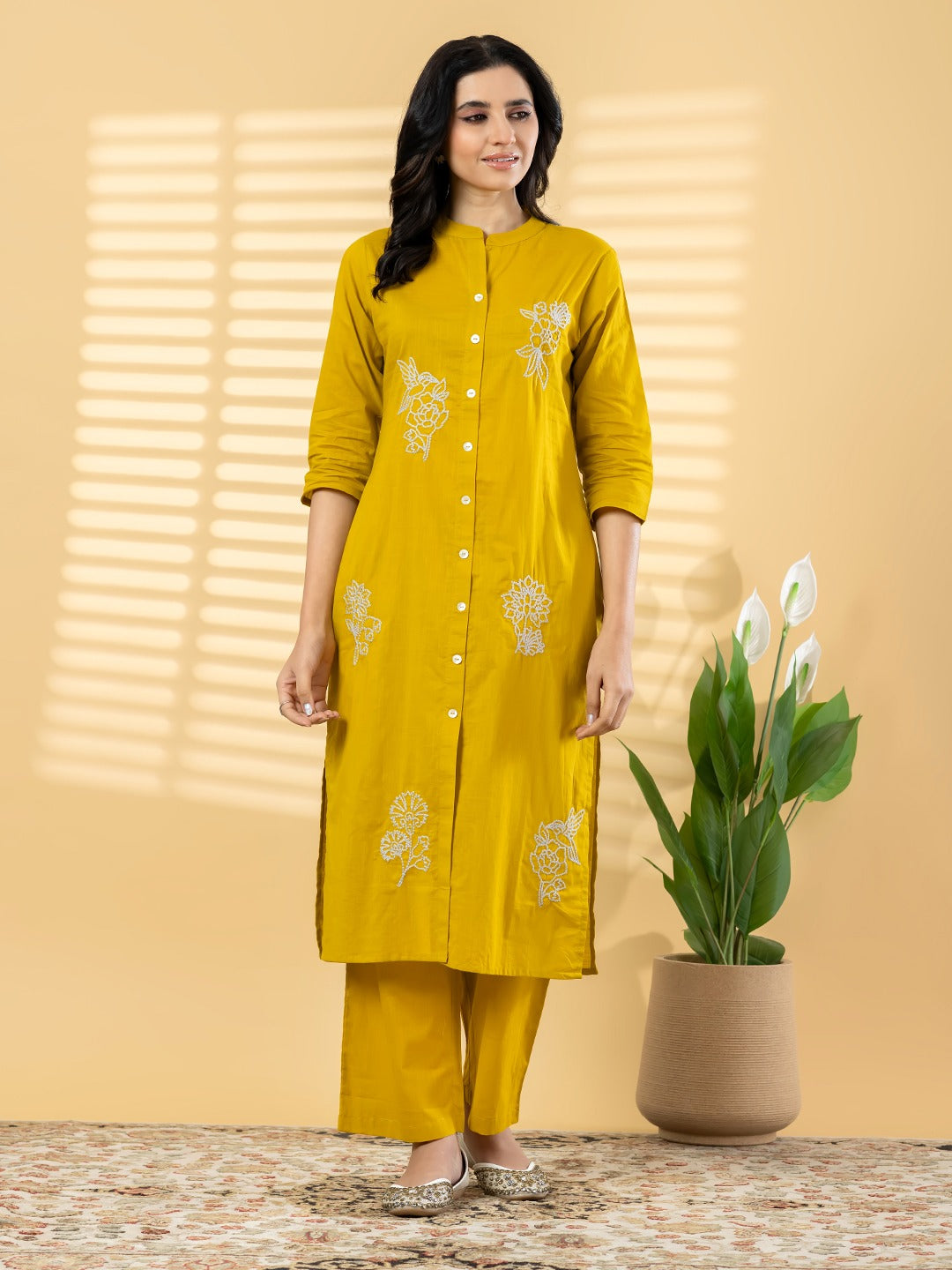 Mustard Yellow Embroidered Cotton Kurta Set with Pants for Women