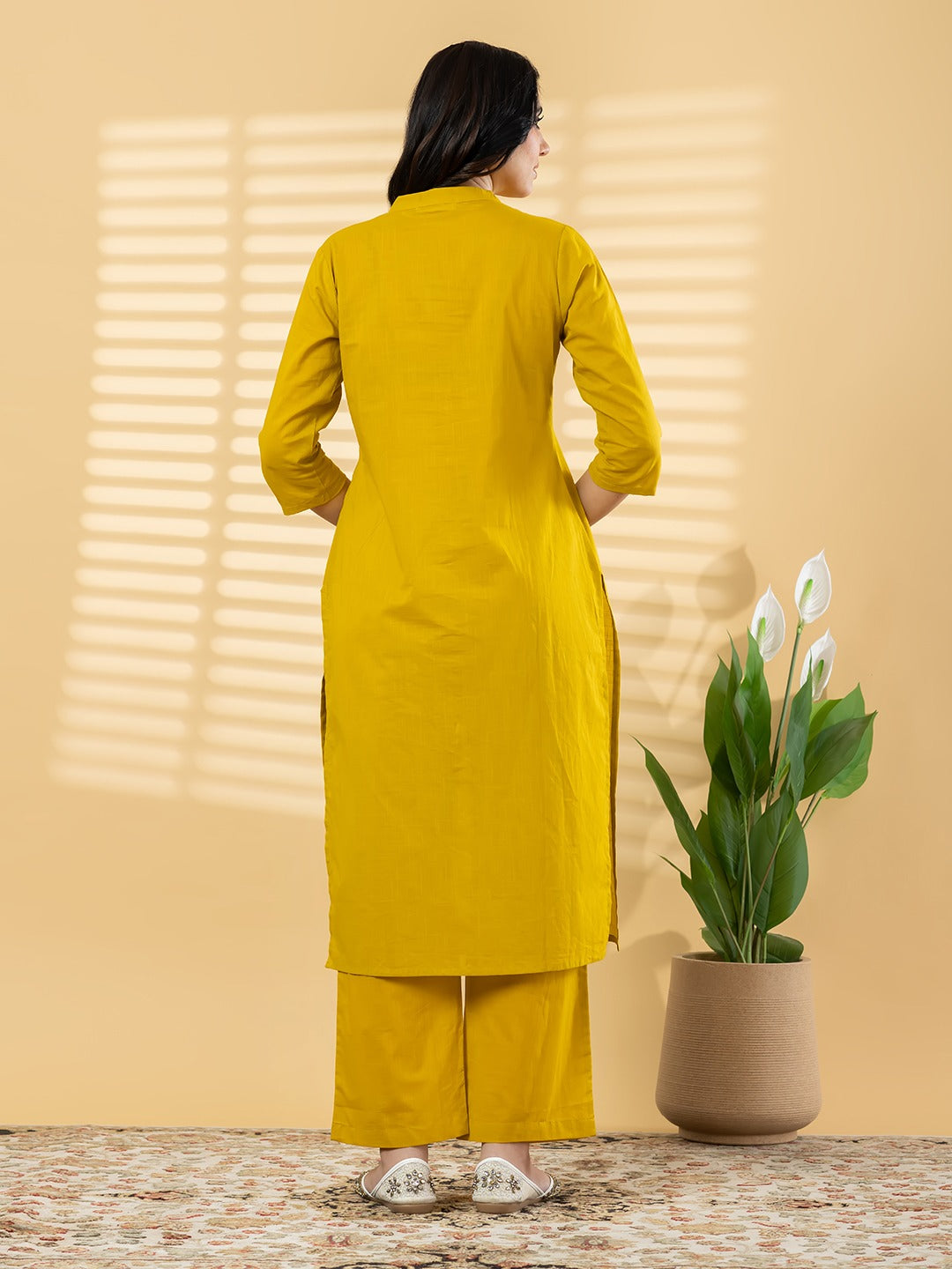 Mustard Yellow Embroidered Cotton Kurta Set with Pants for Women